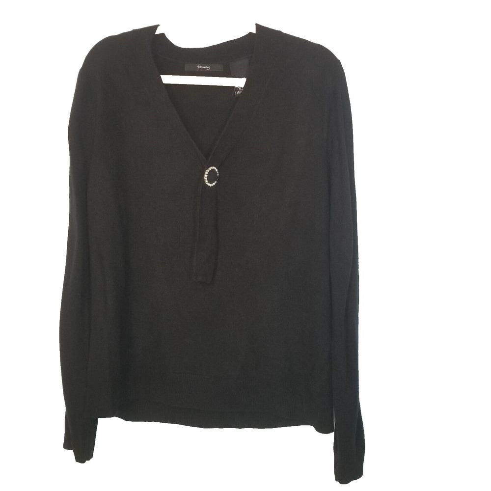 Raisey Black V Neck Sweater Tie Removable‎ Rhinestone Ring Long Sleeve XXL
